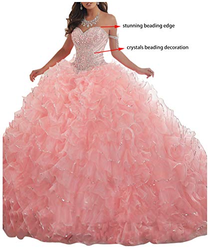Women's Organza Ruffles Quinceanera Beaded Sweetheart Prom Ball Gown2