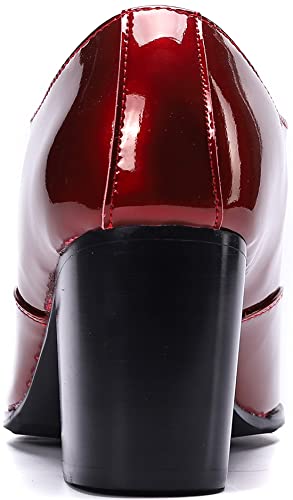 Santimon Mens Red Patent Leather Block Heel Dress Shoes – Pointed-Toe Slip-On with Gold Zipper Accent, Shiny Party Wedding Formal Footwear4