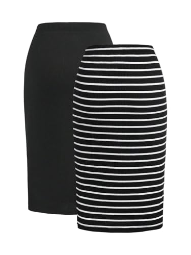 SOLY HUX Women's Plus Size Skirt 2 Piece Striped High Waisted Split Bodycon Pencil Midi Skirts