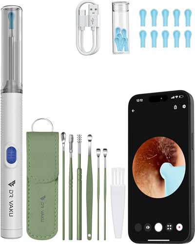 Image of Dr Vaku Clenzio Earocam Ear Cleaner Earwax Removal Tool with Extra Cleaning Kit (Set of 7) HD Camera Wifi Connection & 6 LED Lights Endoscope Tool + 11 Silicone Tips Free & Storage Case-White /Green