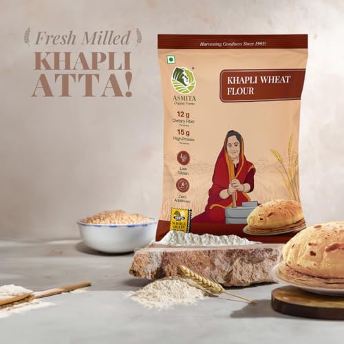 Image of Asmita Organic Farms Khapli Wheat Flour 1kg | Low GI Emmer Wheat Atta | 100% Natural, High Fiber, Protein-Rich | Stoneground, Freshly Milled, Preservative-Free | Easy to Digest | Pack of 1