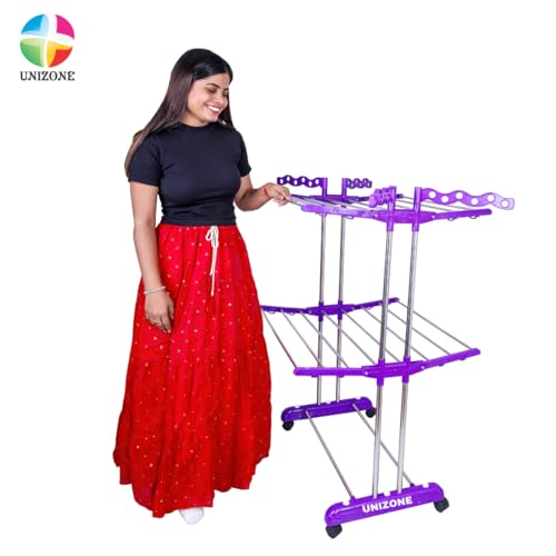 Image of UNIZONE Foldable Double Pole 2-Tier Stainless Steel Clothes Drying Stand with Side Wings | Indoor Outdoor Laundry Hanger Rack for Balcony /Home Use | Space Saver (Purple)