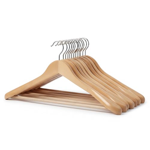 Image of Amazon Basics Wooden Hangers - Broad Shoulder, Natural Wooden Color, Glossy Finish, Pant Bar, 360 Hook, 5kg Capacity, Pack of 20 (Size: 44.5L x 23H x 5.5W cm)