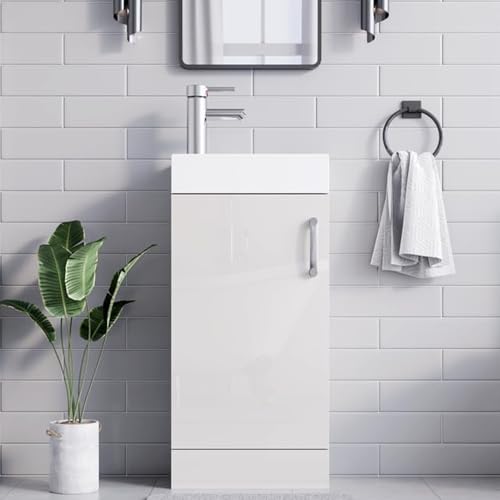 BELOFAY White 400mm Floor Standing Bathroom Vanity Unit With Basin - Lacquered Cloakroom Vanity Unit with 1 Tap Hole and Soft Close Hinges with WASTe (New York White)