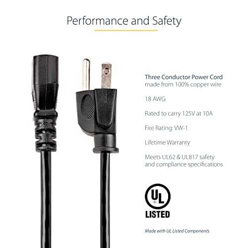 Startech PXT101_10 Startech10Ft (3M) Computer Power Cord, Nema 5-15P To C13, 10A 125V, 18Awg, Black Replacement Ac Power Cord, Printer, Pc Power Supply Cable thumb #2