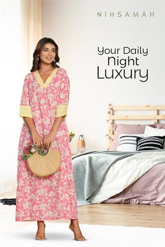 Image of NIHSAMAH Cotton Nighty for Women - Printed Stylish Night Gown, Comfortable Sleepwear Long Nightwear, Maxi