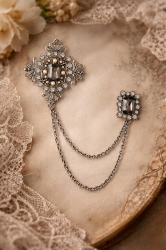 Image of Mahi Victorian Style Artificial Pearl & Crystal Sherwani Brooch Pin with Hanging Chain for Men (PABP1101193PR)