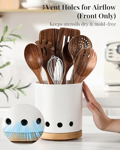 Image of LoeJan 360 Rotating Ceramic Utensil Holder for Kitchen Countertop - Cooking Utensil Crock Organizer with Non-Slip Cork Base for Farmhouse Kitchen Decor, Textured White