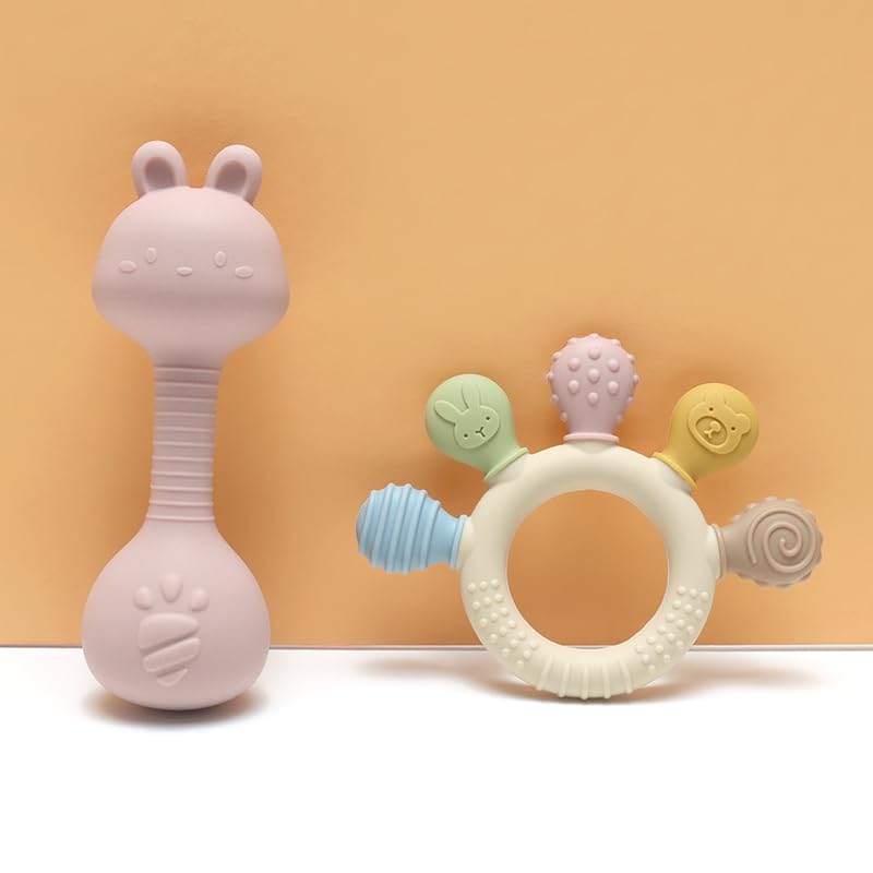 Baby Teether and Rattle Toy Set, BPA-Free, Food-Grade Silicone, Easy-Grip Teething Rattle for Babies, Soothing Teething Toy, Infant Sensory Toy for 3-24 Months (Cat)