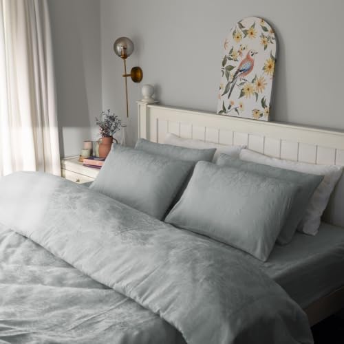 Image of Blue Dahlia 100% Cotton, Queen Size Elastic Fitted Bedsheet (60 inchx78 inch) + 2 Pillow Covers, Fits Upto 10 inch Mattress, 300TC Premium Bedsheet, Symmetrical Jacquard Pattern - Light Grey