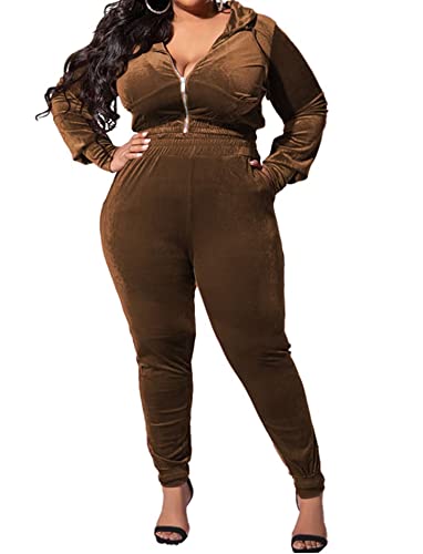 Iymoo Plus Size Sweatsuits For Women Tracksuit 2 Piece Outfits Velour Active Wear Zipper Cropped Hoodie Sweatpants Sweat Suits Dark Coffee 2X #TOP15