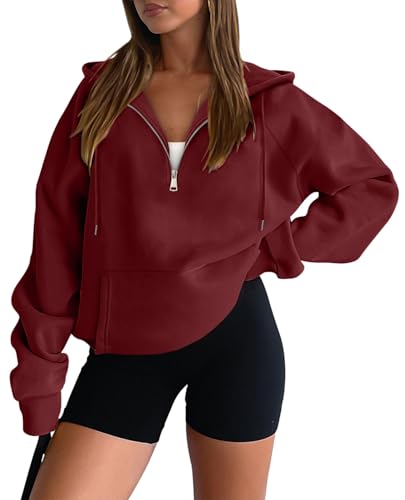 onlypuff Women Half Zipper Pullover Sweatshirt Long Sleeve Hoodies Kangaroo Pocket Fleece Basic Sweater