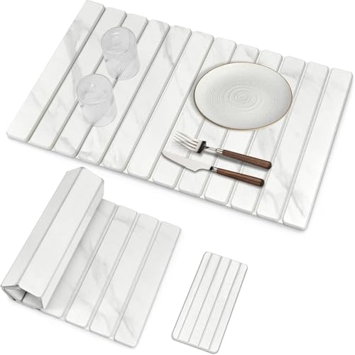2 PCS Extra Large Stone Dish Drying Mats for Kitchen Counter, 28"(L)×16"(W) Dish Drying Mat with 8"x 4" Coasters, Eco-Friendly Diatomite Dish Drying Mat - Fits All Countertops - White Marble by DFJKJUU - Used condition - US$39.14