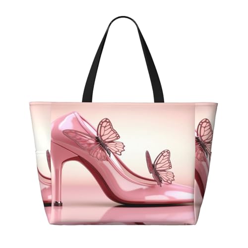 Pink High Heels Beach Bags For Women, Butterfly Shoes Large Waterproof Tote Bag Sandproof Pool Bag Handbag For Travel Work Gym2