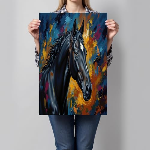 Peinture Huile Cheval Noir Abstraite - Art Mural Salon sans Cadre 80x120