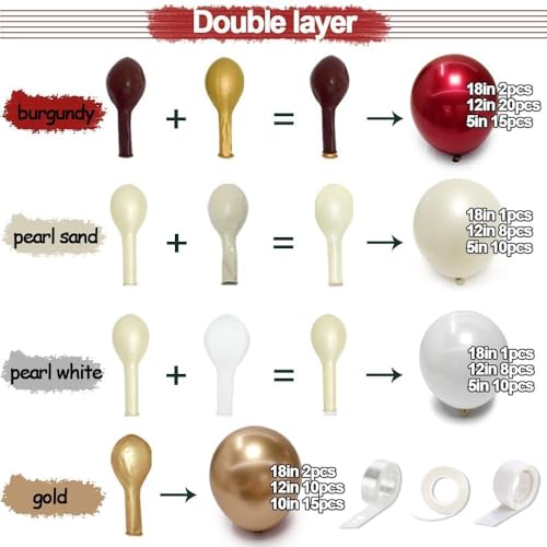 Image of Burgundy Gold Balloons Garland Double Stuffed Pearl White Gold Maroon Wine Red Balloon Arch Kit for Wedding Baby Shower Bridal Birthday Party Decoration