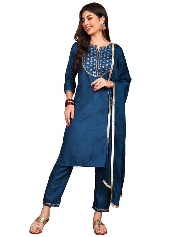 Image of Vaamsi Women's Silk Blend Yoke Design Printed Straight Kurta Pant With Dupatta