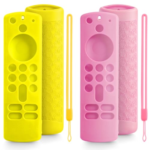 Image of ONEBOM (2 Pack) Silicone TV Remote Cover,Anti Slip Silicone Protective Case with Same Color Lanyard(Glow Pink&Glow Yellow)