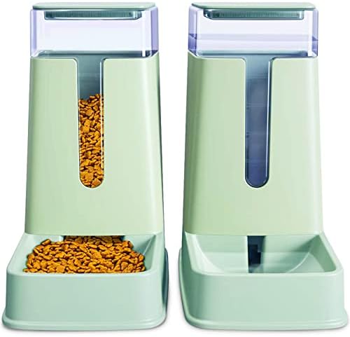 Automatic Cat Feeder and Cat Water Dispenser in Set 2 Packs Automatic Dog Feeder and Dog Water Dispenser 1 Gallon for Small Medium Big Dog Pets Puppy Kitten (Green)