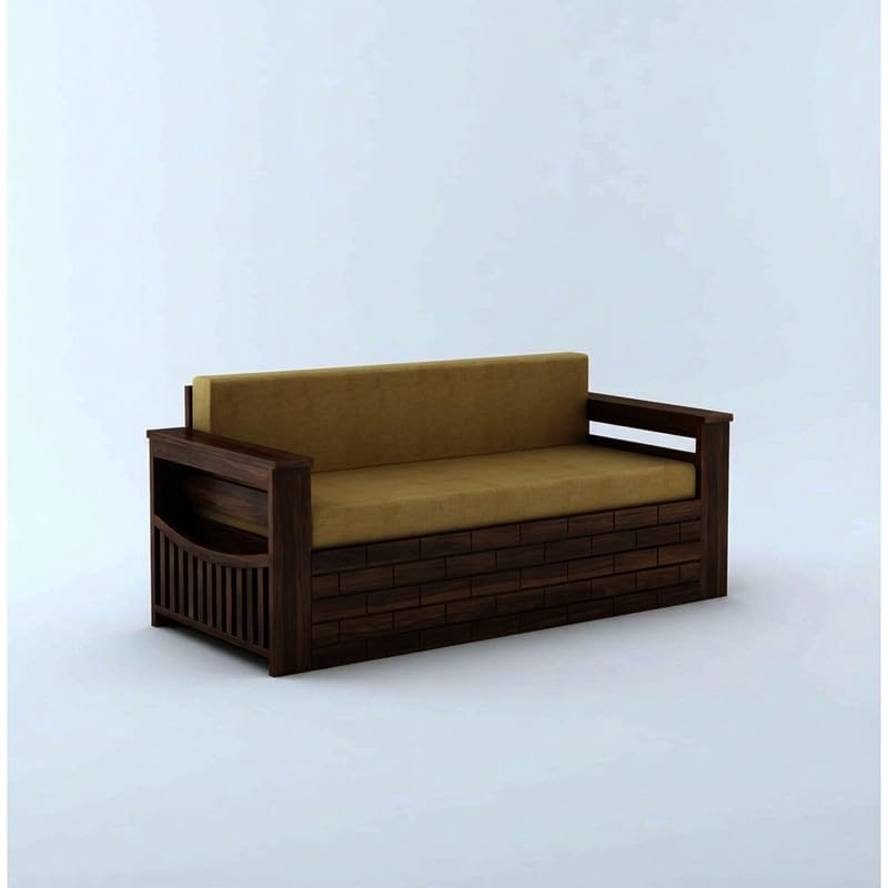 Image of Amazon Brand - Solimo Sheesham Wood Italian 3 Seater Sofa Cum Bed with Drawer and Side Pocket Storage | Wooden Bed with Cushion | Multipurpose Sofa Furniture for Home & Living Room (Walnut Finish)