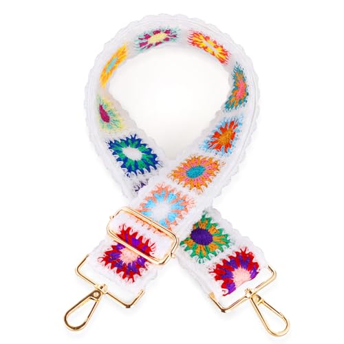 Image of Mikovivi Crochet Flower Purse Strap, 2 inch inch Wide Women's Adjustable Bag Strap Crossbody Colorful Boho Knitted Purse Strap with Metal Buckles Replacement Crossbody Strap for Handbags Guitars