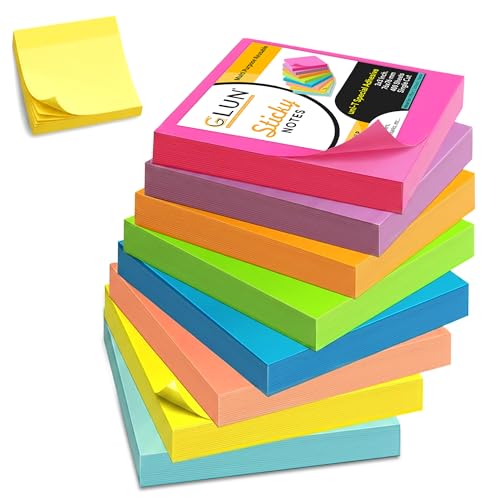 Image of GLUN Pack of 400 Sheet Super Sticky Note Pad, 3x3 Inch Bright Neon Colour Multicolour Sticky Notes for Lists & Longer Notes, 2 Times Sticking Power