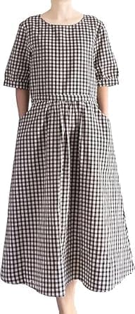 Minibee Women's Cotton Linen Dress Summer Short Sleeve Casual Plaid Flowy A-Line Midi Dresses with Pockets