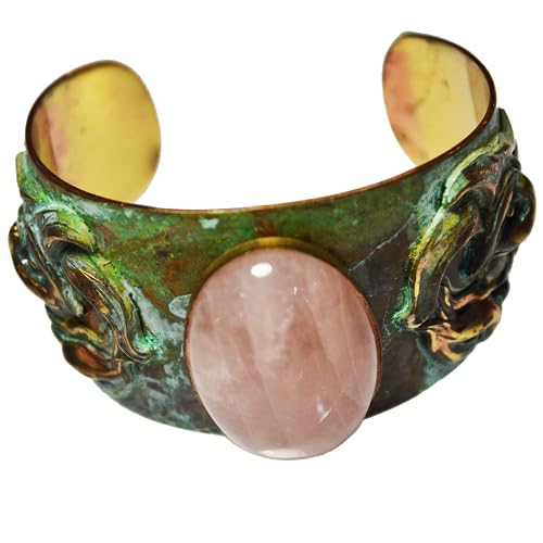 Elaine Coyne Collectible Artwear Verdigris Patina Brass Art Nouveau Calla Lily Graduated Cuff with Rose Quartz Made in USA
