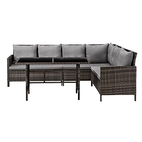 SVITA Madison Poly Rattan Ecksofa Rattan-Lounge Esstisch Gartenmöbel-Set Sofa Garnitur Couch-Eck (Dining Set, Braun) – Bild 3