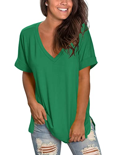 Image of Sampeel Women's V Neck T Shirts Casual Rolled Short Sleeve Side Split Summer Tops Loose Fit