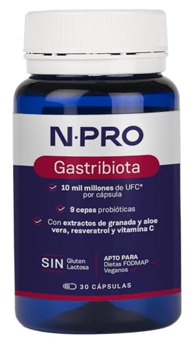 NPRO Gastribiota – 30 cápsulas con Probióticos (9 cepas), Extracto de Granada, Aloe Vera, Resveratrol y Vitamina C – Apoyo para Disbiosis Gástrica y Helicobacter pylori