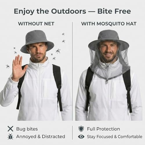 Image of Mosquito Hat with Netting, Mosquito Hats Lightweight Outdoor Fishing Hiking Camping Bug Net for Men & Women, Grey