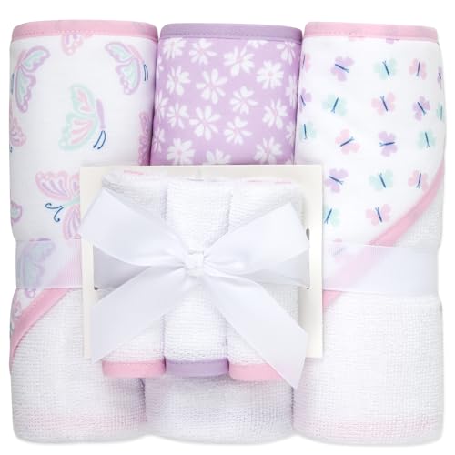 Image of Jessica Simpson Baby 6-Piece Hooded Towel & Washcloth Set - Soft Polyester Baby Bath Towels - Pink & Green Floral Design (Purple Floral Butterflies)