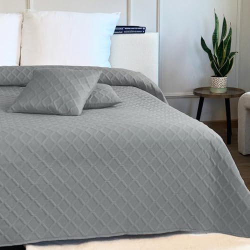Euromat Tagesdecke Steppdecke Bettüberwurf Gesteppte Zweiseitig Tagesdecke mit 2 Kissenbezüge 40x40 cm- (Grau- Parla 3D, 220x240 cm)