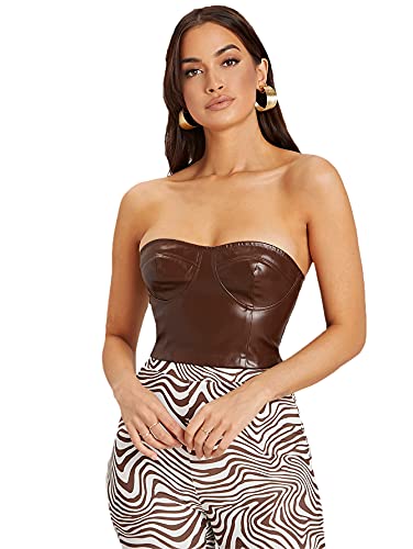 SheIn Women s Sexy Bandeau Top Strapless Sleeveless Bandeau Zip Back Tube Top Brown Leather Medium