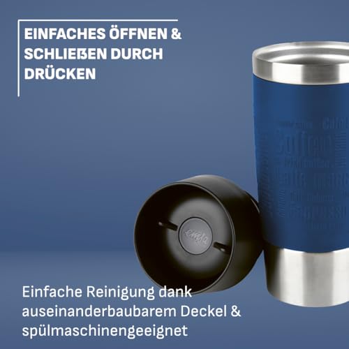 EMSA Travel Mug, Classic Thermobecher, 0,36 L, Doppelwandige Vakuumisolierung, 4 Std. heiß, 8 Std. kalt, 360° Trinken, Soft-Touch Silikonhülle, Edelstahl, Blue, 513357 4