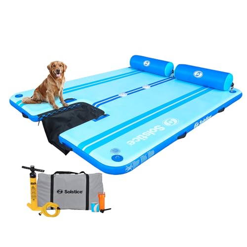 SOLSTICE Party Plank 6-8 Person Rise Inflatable Dock Floating Water Raft Platform 10ft x 8ft - Outdoor Fun for Lake River Swimming Pool & Beach Includes Backrests Threaded Ports & Carry Bag