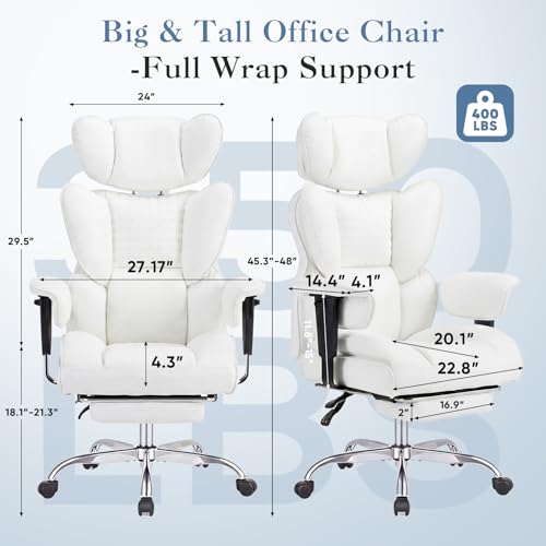 Image of DUMOS Big and Tall Home Office Desk Chair, Ergonomic Executive Chair with Footrest, Computer Gaming Chairs with High Back Reclining, Adjustable Armrests and Comfy Lumbar Support, PU Leather, White