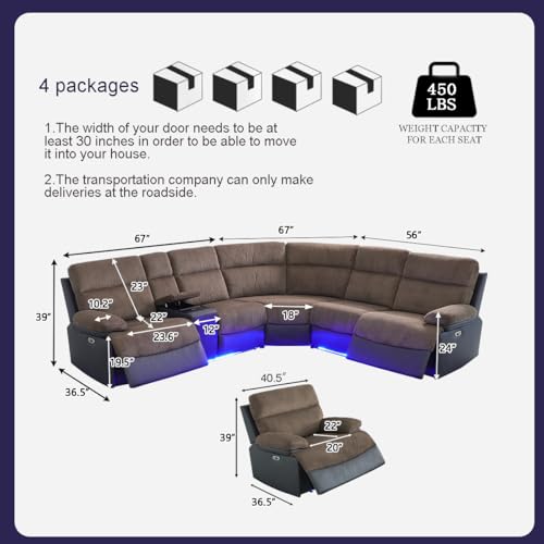 Image of Power Recliner Sectional Sofa Set with LED Lights, L Shaped Reclining Sectional Couch and Chair, Breathing Leather & Corduroy Sofa Set with Coffee Table /USB Port for Living Room