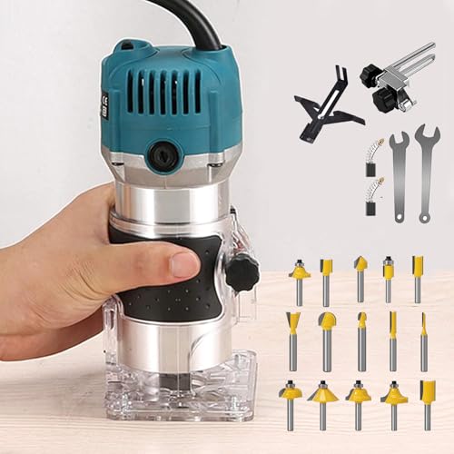 Wood Router + 15PCS 1/4" Router Bit Set Router Tool 800W Wood Routers for Woodworking Electric Hand Tool, 30000R/MIN Compact Edge Trimmer Laminate Milling Engraving with Tungsten Carbide