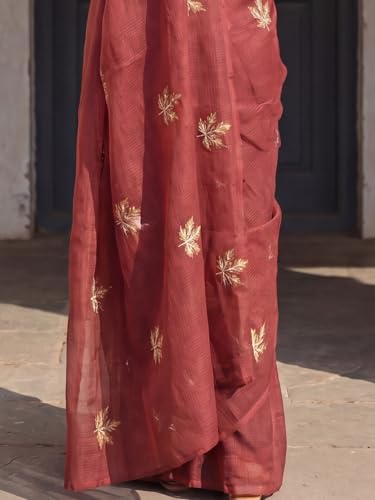 Image of AKHILAM Women's Shimmer Off White Chanderi Cotton Floral Hand Paint Embroidered Lace work Saree With Unstitched Blouse Piece | saree for woman | Designer Saree for Women | Soft and Skin Friendly
