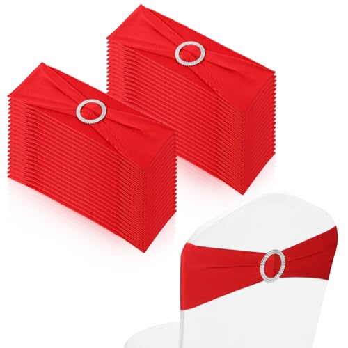 JJUNW 40Pcs Spandex Chair Sashes, Bows Elastic Chair Cover Bands Ties with Buckle Slider for Wedding Party Ceremony Reception Banquet Decoration (Red)