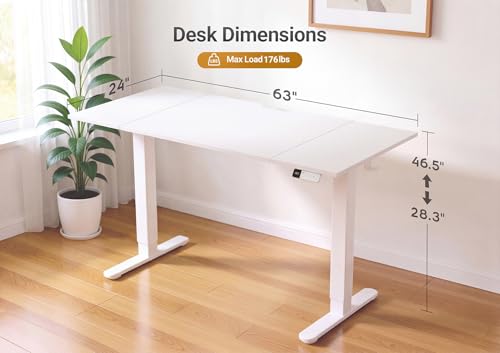 Image of YDN Electric Standing Desk Adjustable Height, 63 x 24 Inches Sit Stand up Desk with Memory Presets & Cable Management, Home Office Desk for Office & Computer Workstation, White Frame /White Top