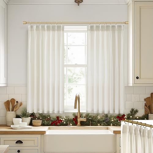 SHINELAND Short Sheer Linen Curtains for Windows,45 Inch Length Pinch Pleated Light Filtering Farmhouse Cafe Curtains for Bedroom Kids Room