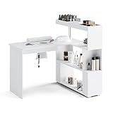 HolaiNail Manicure Table, L-Shaped Nail Tech Desk with Dust Collector, Reversible Rotating Table & Storage Shelf, Acetone Resistant Beauty Salon Station, White