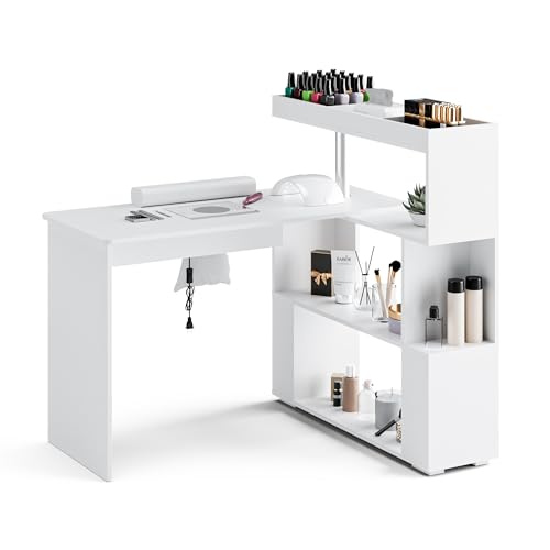 HolaiNail Manicure Table, L-Shaped Nail Tech Desk with Dust Collector, Reversible Rotating Table &...