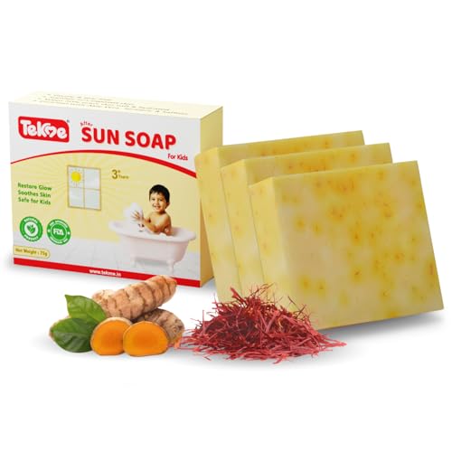 Image of Tekme After Sun Soap for Kids | Gentle Tan Removal & Daily Use Kids De-Tan Soap with Saffron, Turmeric, Papaya & Aloe Vera | Natural Handmade Soaps for 3 Years+ (75g x Pack of 3)