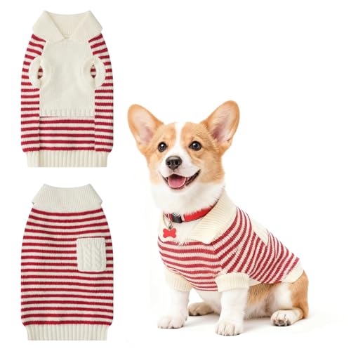 Image of Small Dog Sweater, Knitted Striped Pullover Dog Clothes for Cold Weather, Thick Warm Cozy Stretchy Sweater for Chihuahua, Bulldog, Dachshund, Pug(Red & White Strip, M)