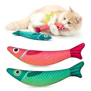 Cat Toys with 5000mg A+Natural Catnip & Bell, Interactive Soft Chew Kicker Cat Toys for Indoor Cats & Kittens, [Crinkle &Bell] Fish Sound Toy, 2 Pack Fish Cat Toys Red Green