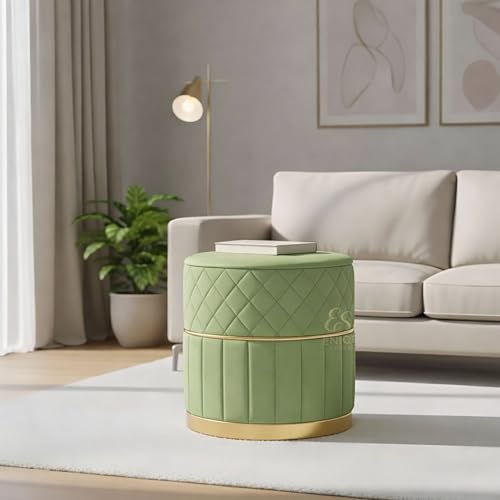 Image of Set of 2 Round Velvet Ottoman Footstool Gold Base - Tufted Upholstered Pouffe Stool for Living Room, Bedroom & Dressing Area (Pista Green)